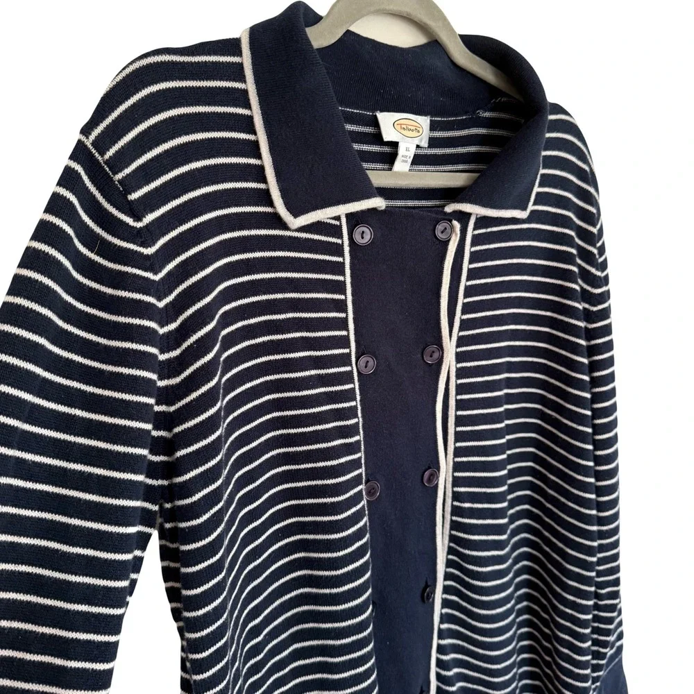 Talbots Navy and White Striped Button-Front Cardigan